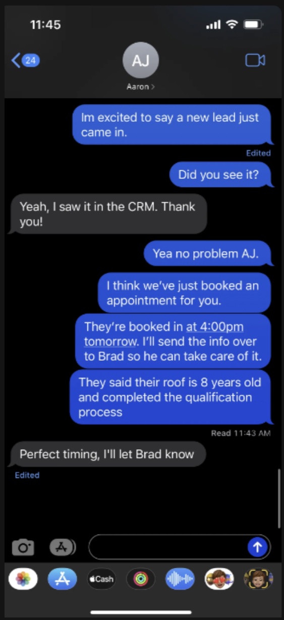 Text thread with Aaron: new lead in the CRM and an appointment booked for the next day