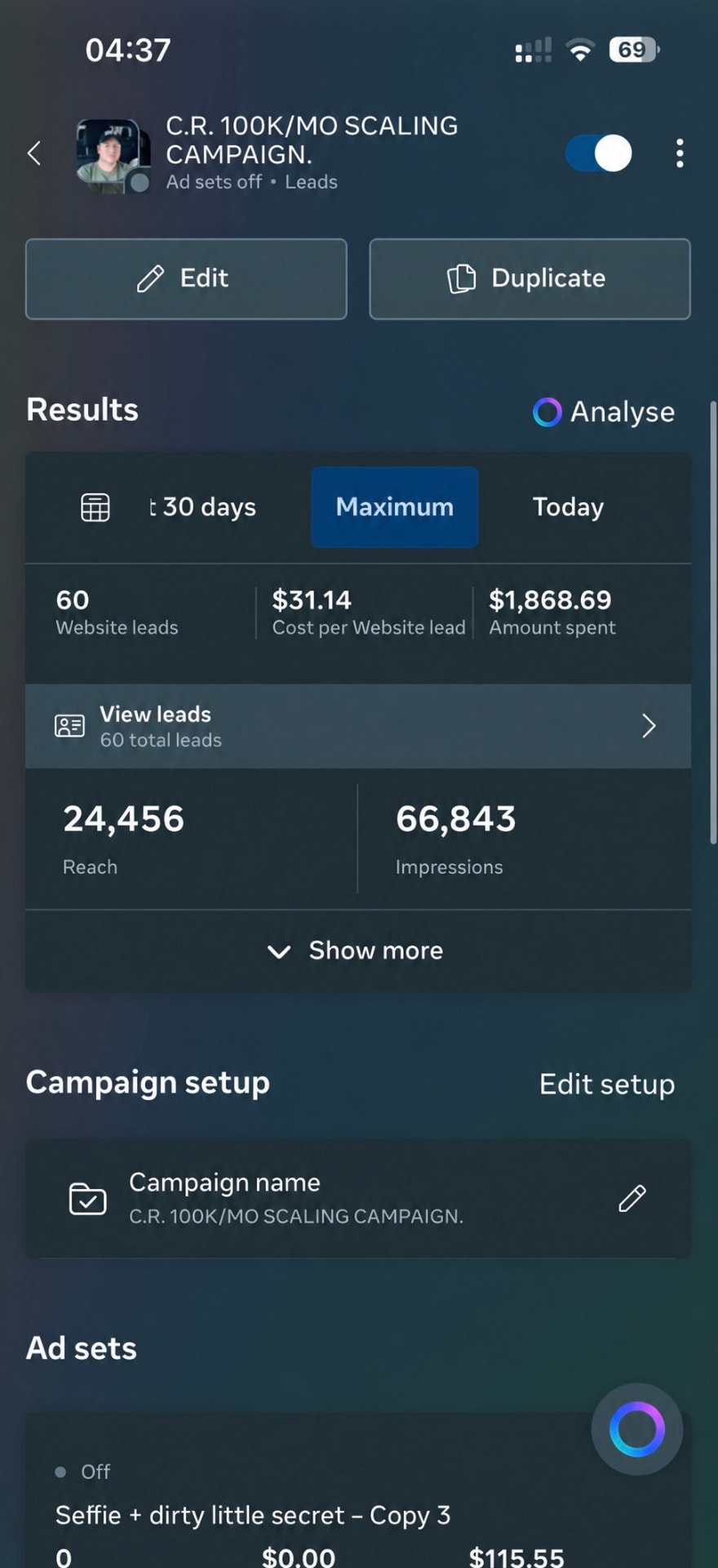 Meta Ads results: 60 website leads at $31.14 per lead on $1,868.69 spent